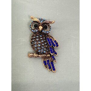 Vintage Style Owl Brooch Pin With Blue & Black Rhinestones On Branch